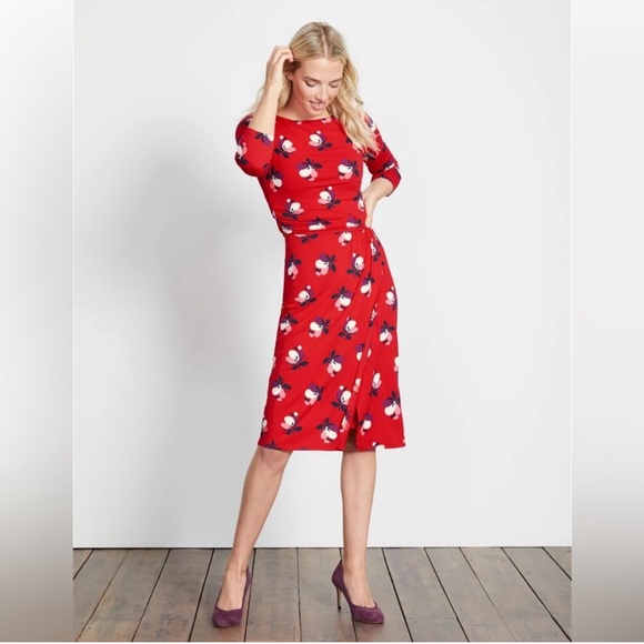 Boden Dresses & Skirts - Boden Lottie Ruched Jersey Red Floral Print Midi Dress Bloom Size 8 L